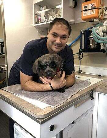 Man smiling and hugging a dog wearing sunglasses on a veterinary exam table.
